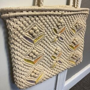 Vintage 60s 70s Cream White Crochet Purse Evening Bag with Floral Design